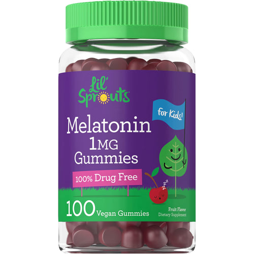 View 1 Lil' Sprouts Melatonin 1mg Gummies for kids, 100 vegan gummies, fruit flavor, 100% drug-free dietary supplement.