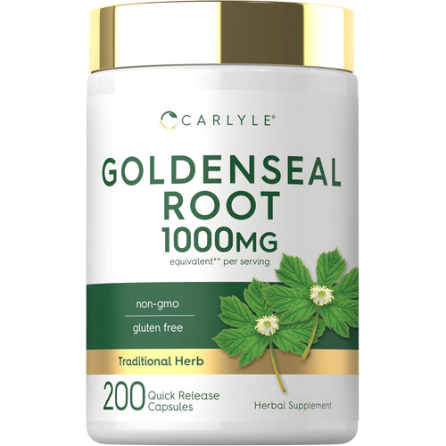 View 1 Carlyle Goldenseal Root, 1000mg per serving, 200 Quick Release Capsules, non-GMO, gluten-free dietary supplement.