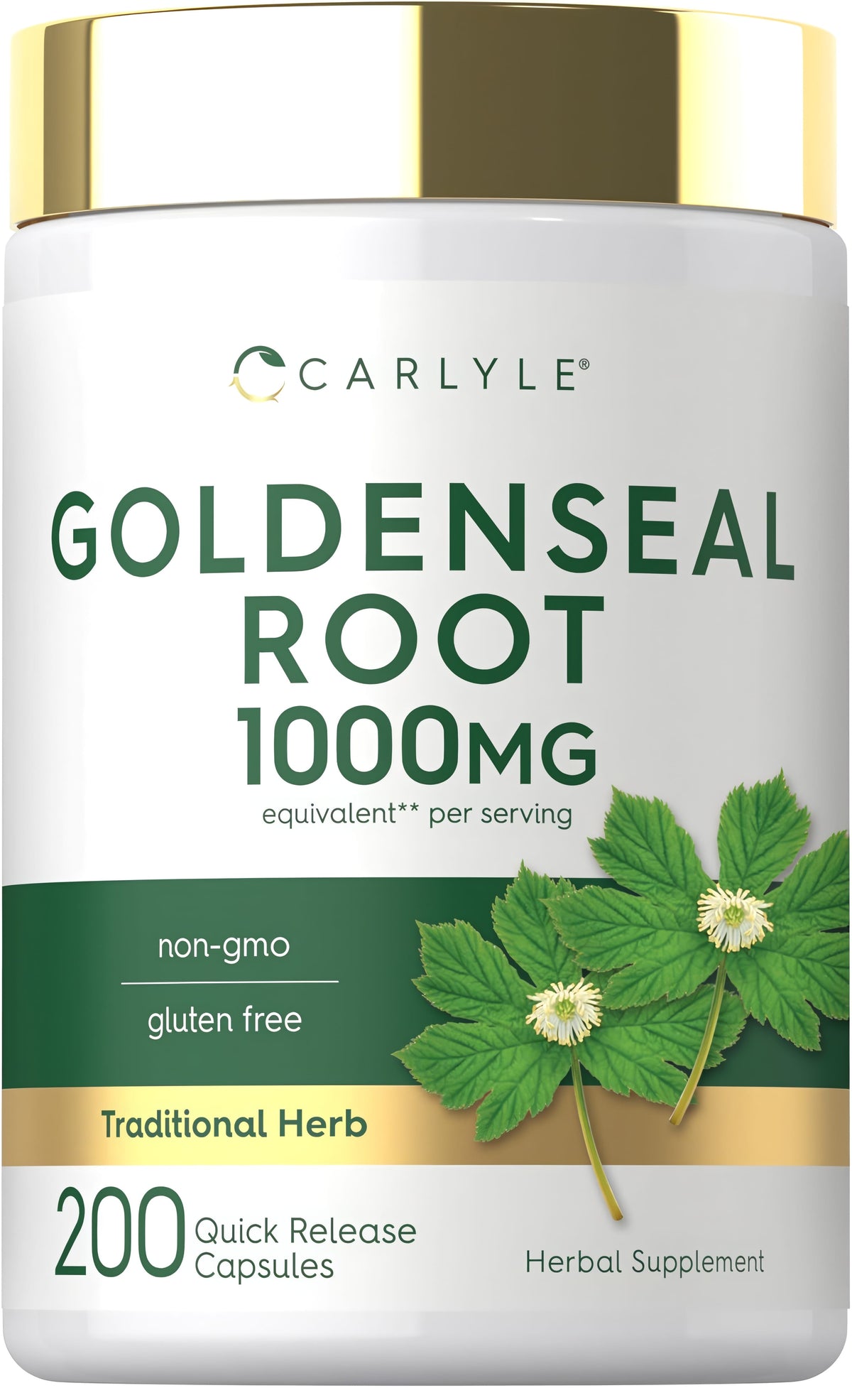 Carlyle Goldenseal Root, 1000mg per serving, 200 Quick Release Capsules, non-GMO, gluten-free dietary supplement.