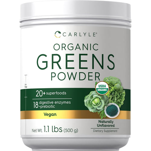View 1 Carlyle Organic Greens, 1.1 lbs, features 20+ superfoods, 18 digestive enzymes, prebiotic, Vegan, USDA Organic, Naturally Unflavored.