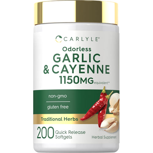 View 1 Carlyle Odorless Garlic & Cayenne 1150MG, 200 Quick Release Softgels. Non-GMO and Gluten-Free Herbal Supplement.