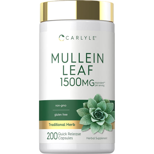 View 1 Carlyle Mullein Leaf 1500MG per serving, 200 Quick Release Capsules. Non-GMO, gluten-free herbal supplement.