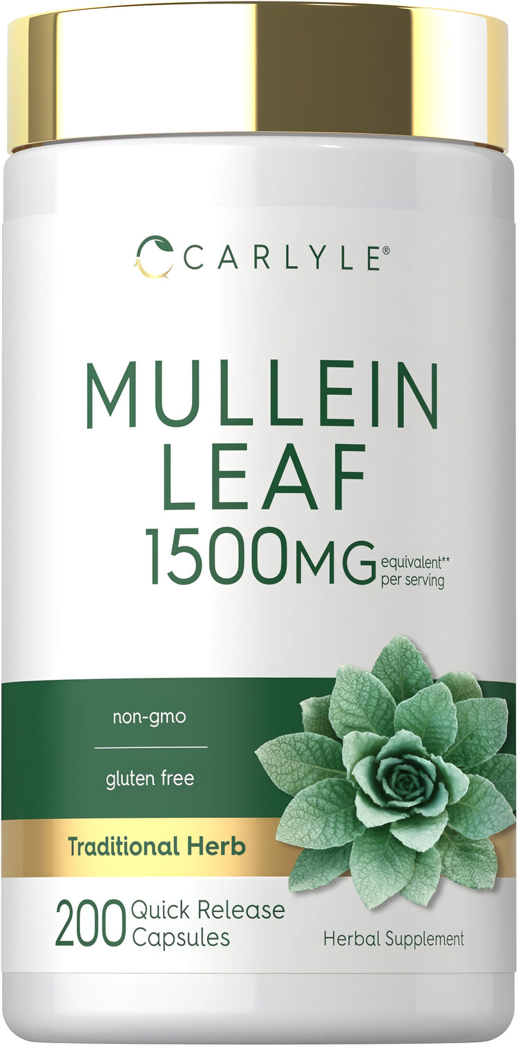 Carlyle Mullein Leaf 1500MG per serving, 200 Quick Release Capsules. Non-GMO, gluten-free herbal supplement.