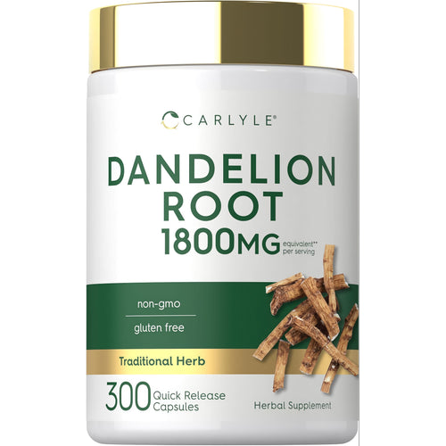 View 1 Carlyle Dandelion Root 1800 mg per serving, 300 quick release capsules. Non-GMO, gluten-free herbal supplement.