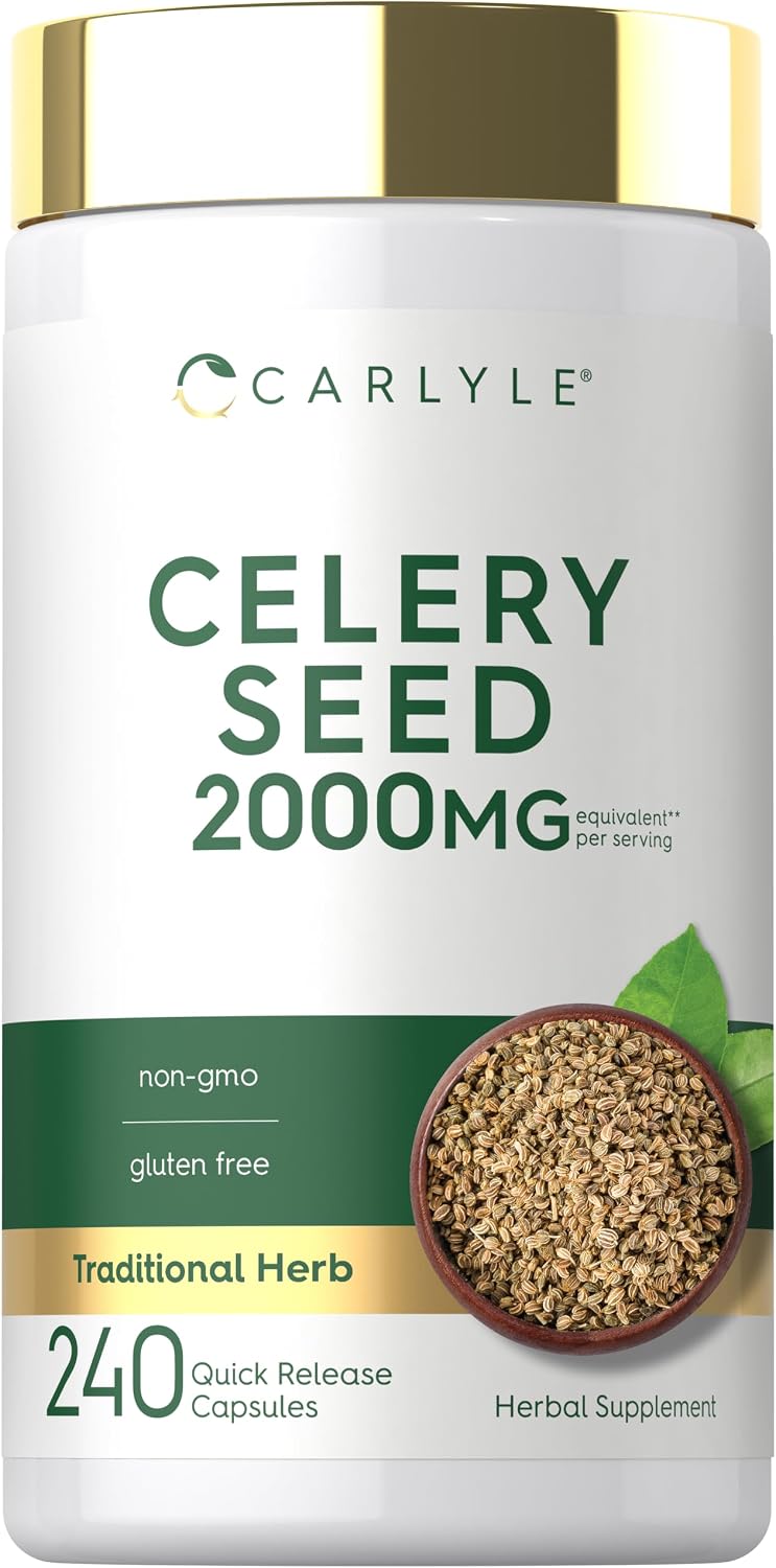 Carlyle Celery Seed 2000mg per serving, 240 Quick Release Capsules, non-GMO and gluten-free product.