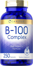 Carlyle B-100 Complex 250 Capsules, high potency formula, gluten free, dietary supplement in a bottle.