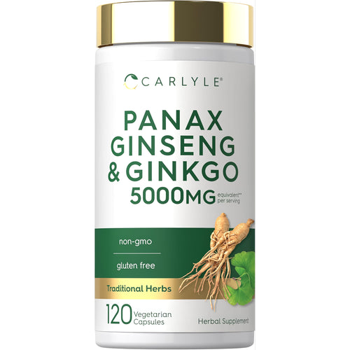 View 1 Panax Ginseng and Ginkgo supplement with 5000mg equivalent per serving, 120 vegetarian capsules.