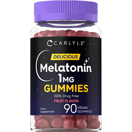 View 1 Carlyle Melatonin 1MG Gummies, fruit flavor, 90 vegan gummies. 100% drug-free dietary supplement.