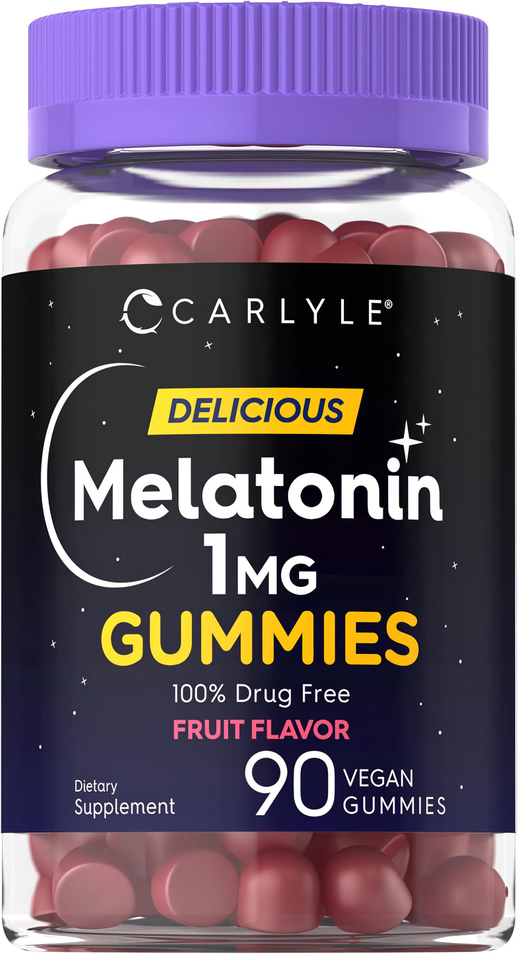 Carlyle Melatonin 1MG Gummies, fruit flavor, 90 vegan gummies. 100% drug-free dietary supplement.