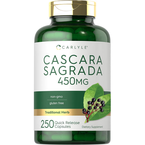 View 1 Cascara Sagrada 450 mg, 250 quick release capsules, non-GMO and gluten-free supplement.
