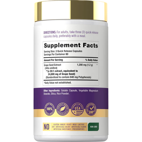 View 2 CL Grapeseed Extract bottle with 240 capsules, offering 1,200 mg Grape Seed Extract (24,000 mg equivalent).