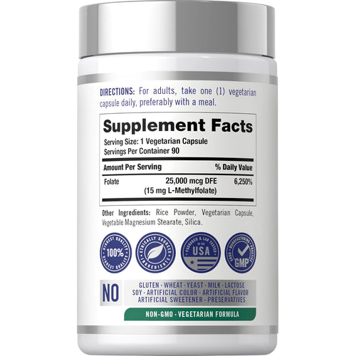 View 2 Supplement Facts panel displaying L-Methylfolate 15 mg for 90 capsules.