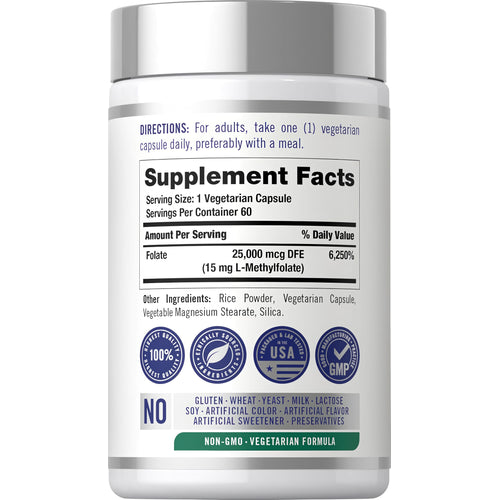View 2 Supplement Facts panel showing L-Methylfolate 15 mg, 60 capsules information.