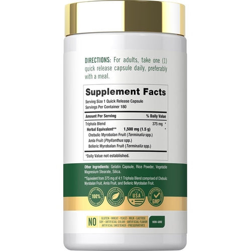 View 1 Supplement Facts panel for Carlyle Triphala 1500 mg, 180 capsules, showing nutrition and ingredient details.