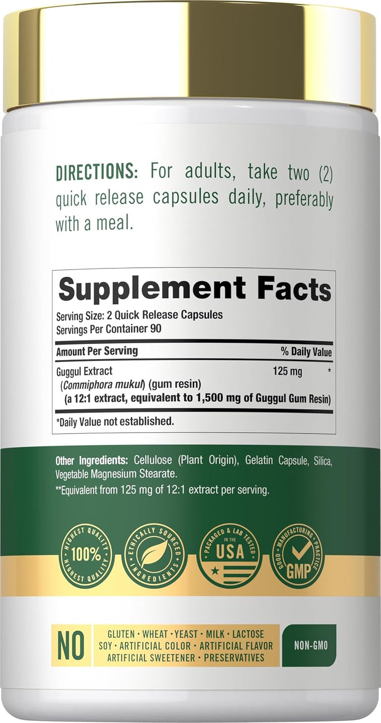 Image of the Supplement Facts panel for Guggul Ext 1500 mg, 180 capsules.