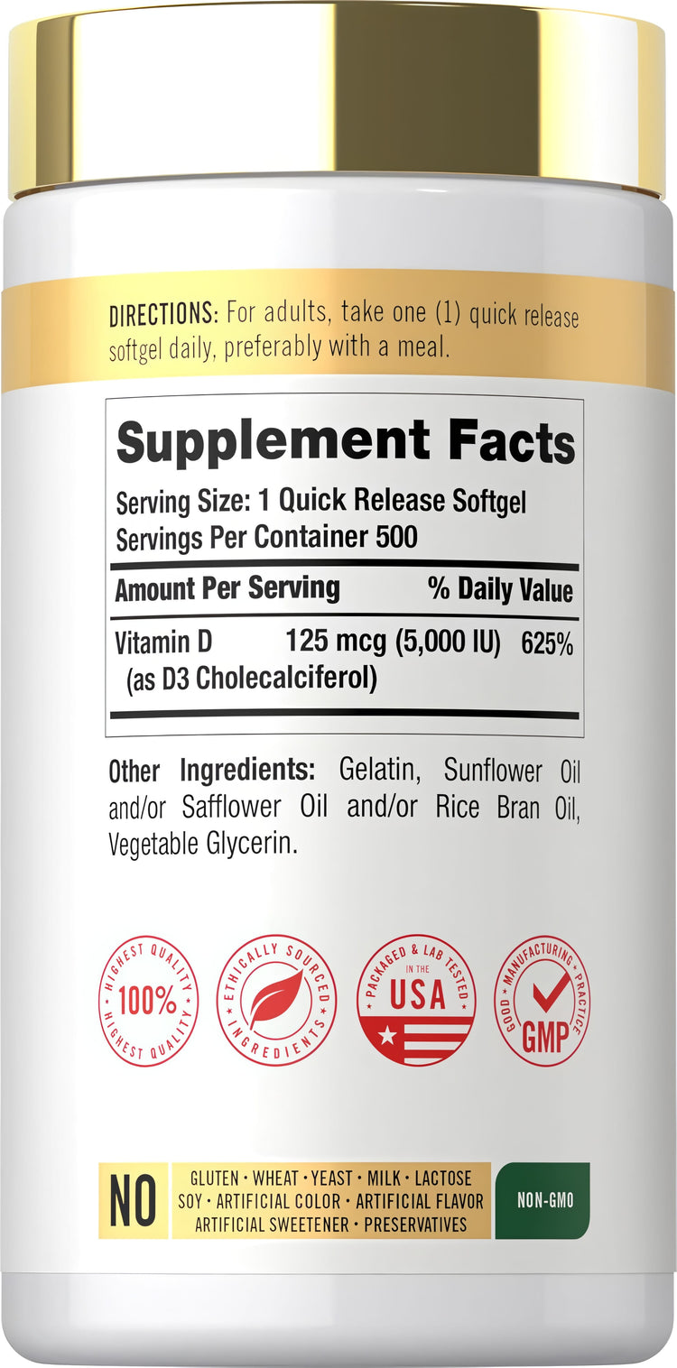The Supplement Facts panel for CL D3 5000 IU Softgels, showing detailed nutritional information for the product.