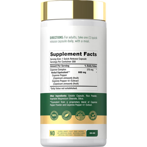 View 2 Label for Carlyle Cayenne 600 mg, 350 capsules, showing supplement facts.