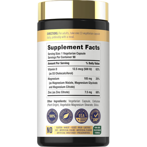 View 2 Detailed Supplement Facts for Carlyle Magnesium Zinc and Vitamin D, 90 capsules.