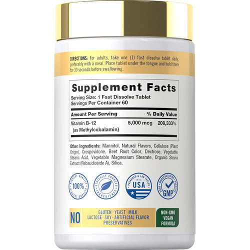View 2 Supplement Facts panel for Carlyle Methyl B-12 5000 mcg, containing 60 fast dissolve tablets.