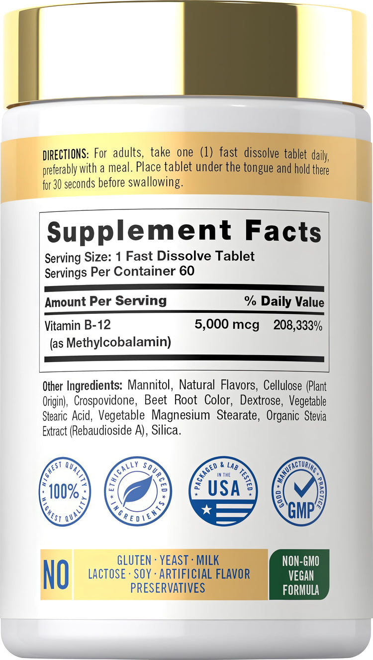 Supplement Facts panel for Carlyle Methyl B-12 5000 mcg, containing 60 fast dissolve tablets.