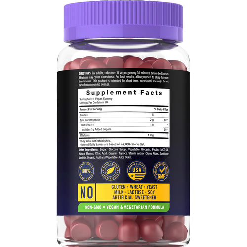 View 2 Melatonin Gummy bottle with icons indicating: NO Gluten, Wheat, Yeast, Milk, Lactose, Soy, Artificial Sweetener; Non-GMO, Vegan.