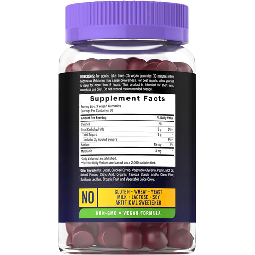 View 2 Carlyle Melatonin 3 mg, 90 vegan gummies. Non-GMO, free from gluten, wheat, yeast, milk, lactose, soy, artificial sweeteners.