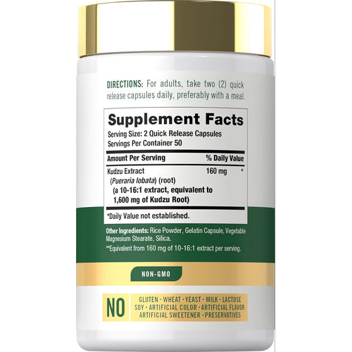 View 2 Supplement Facts panel for Carlyle Kudzu Root 1600mg, 100 capsules, detailing nutritional information and ingredients.