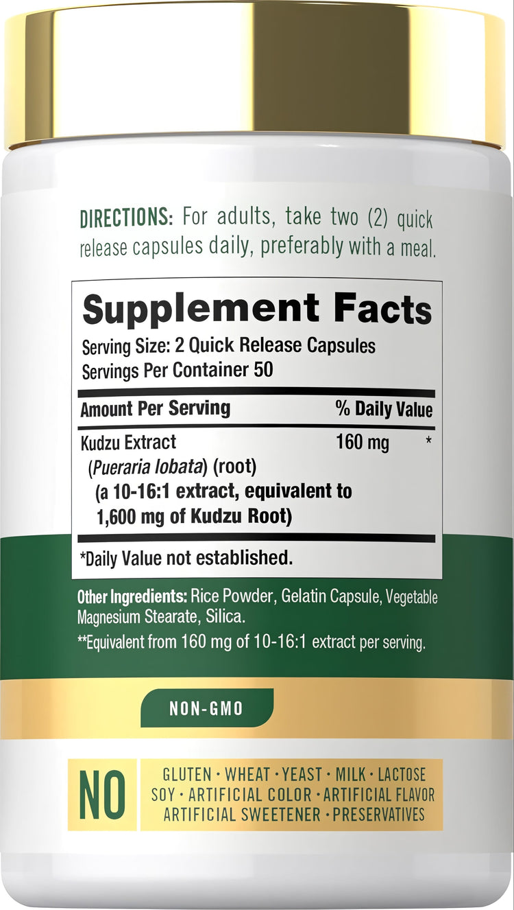 Supplement Facts panel for Carlyle Kudzu Root 1600mg, 100 capsules, detailing nutritional information and ingredients.