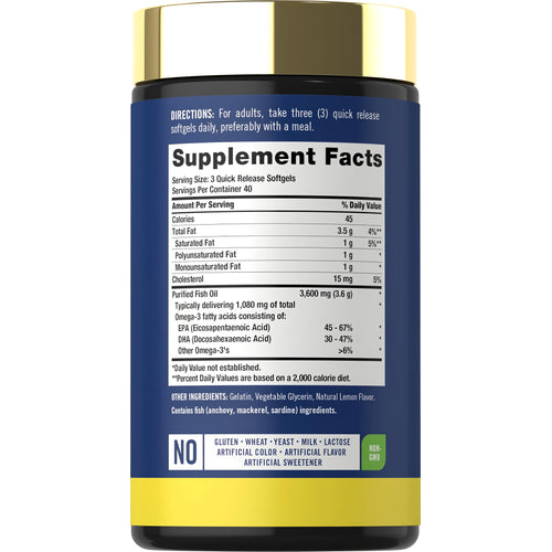 View 2 Supplement Facts panel for Carlyle Omega-3 Fish Oil Lemon Flavor, 3600 mg, 120 Softgels.