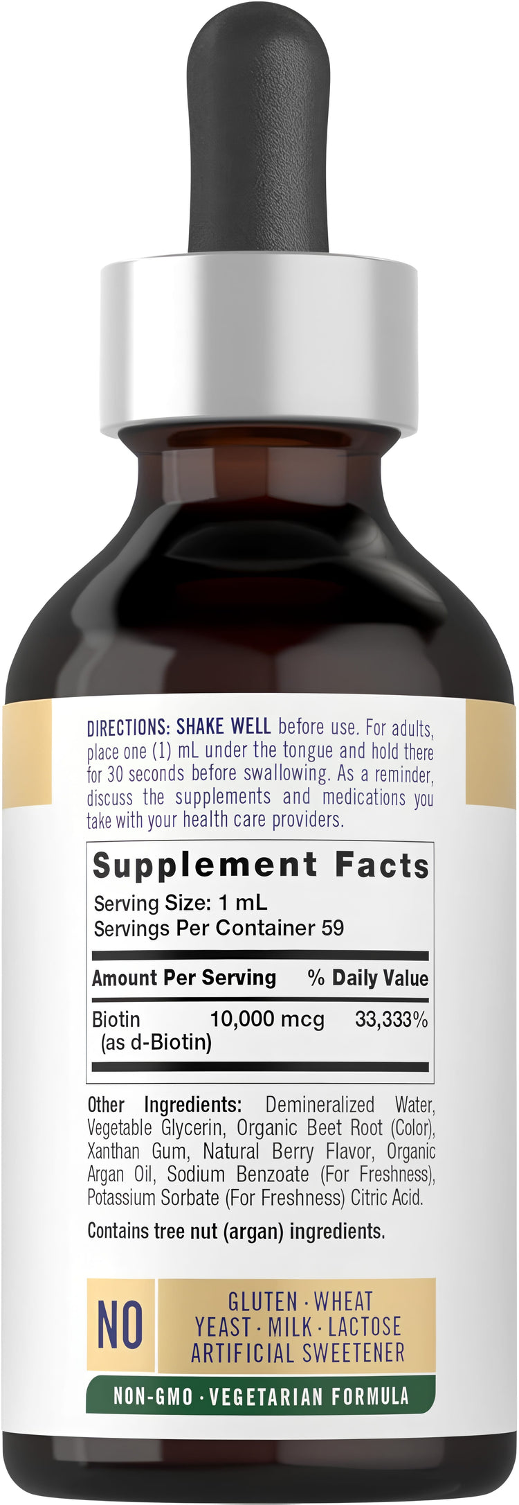 The Supplement Facts panel for Biotin 10mg/mL Liquid 2 Fl oz is shown.