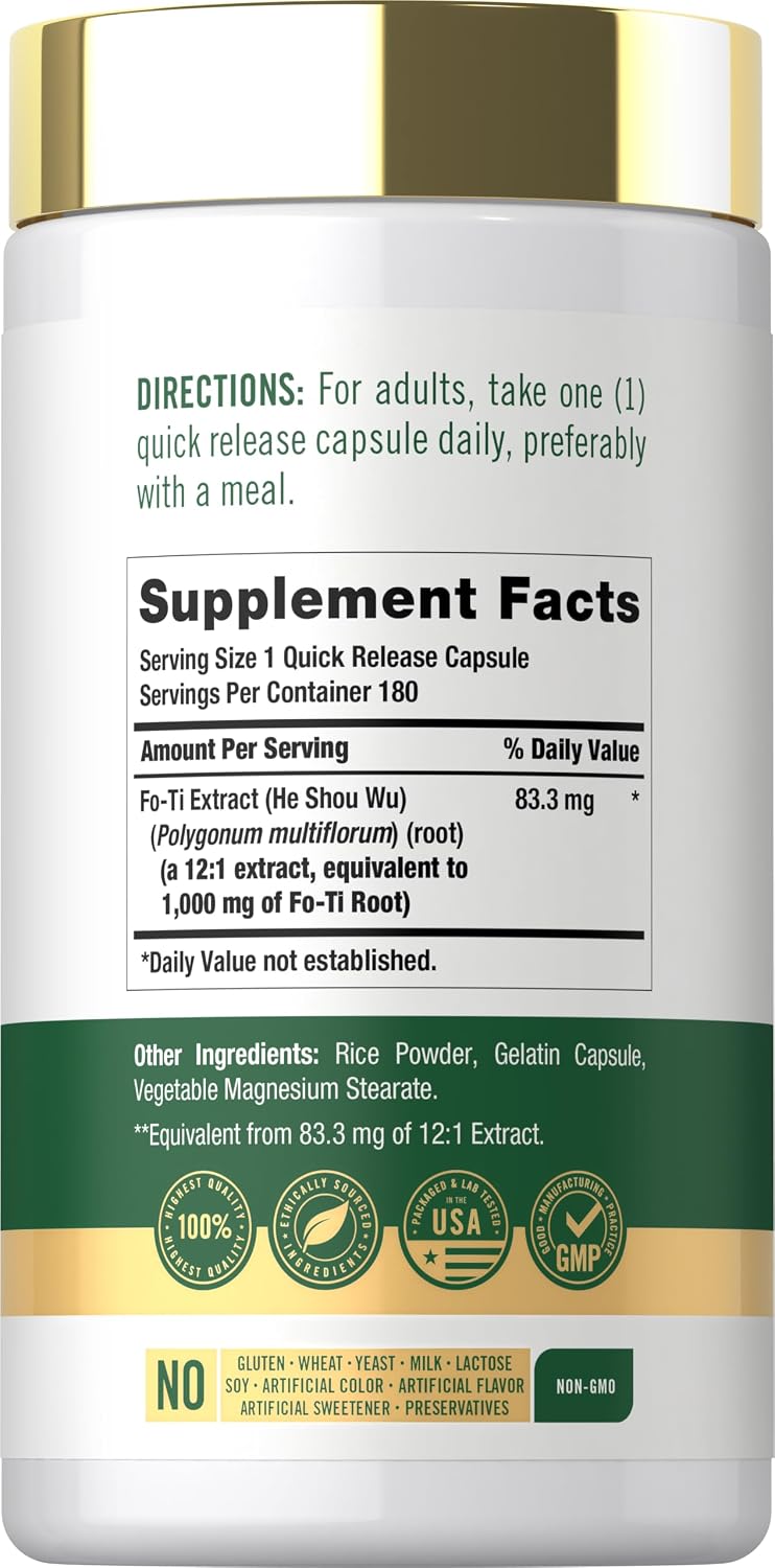 Supplement Facts label for CL Fo-Ti Root 1000 mg capsules, containing 180 capsules per bottle.