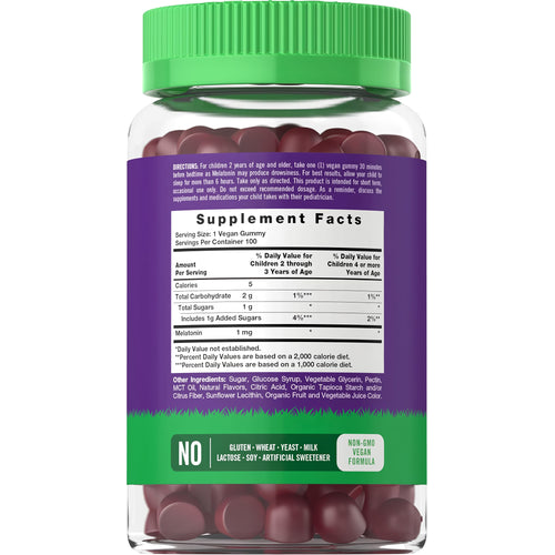 View 2 Supplement Facts panel for Carlyle Kids Melatonin 1mg, 100 gummies, details dosage and ingredients.