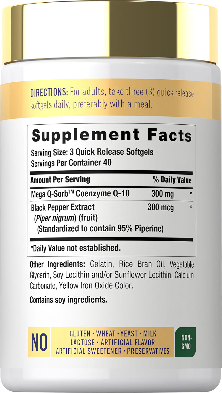 Supplement Facts panel for Carlyle CoQ10 300 mg, with 3 x 100 mg servings, 120 softgels.