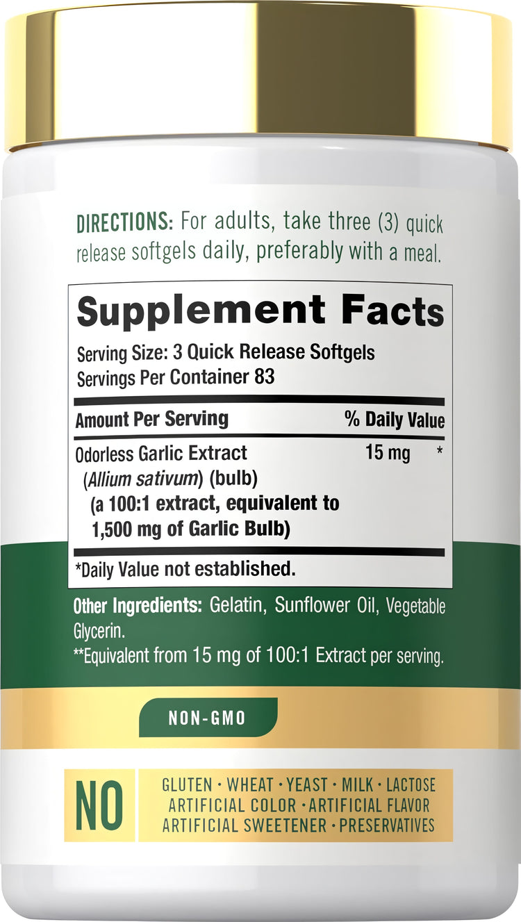 Supplement Facts for CL Carlyle Odorless Garlic, 1500 mg, 250 softgels.