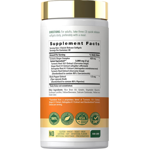 View 2 Supplement Facts panel for Turmeric 3000 mg Complex with Ginger, 120 Softgels, displayed on the bottle.