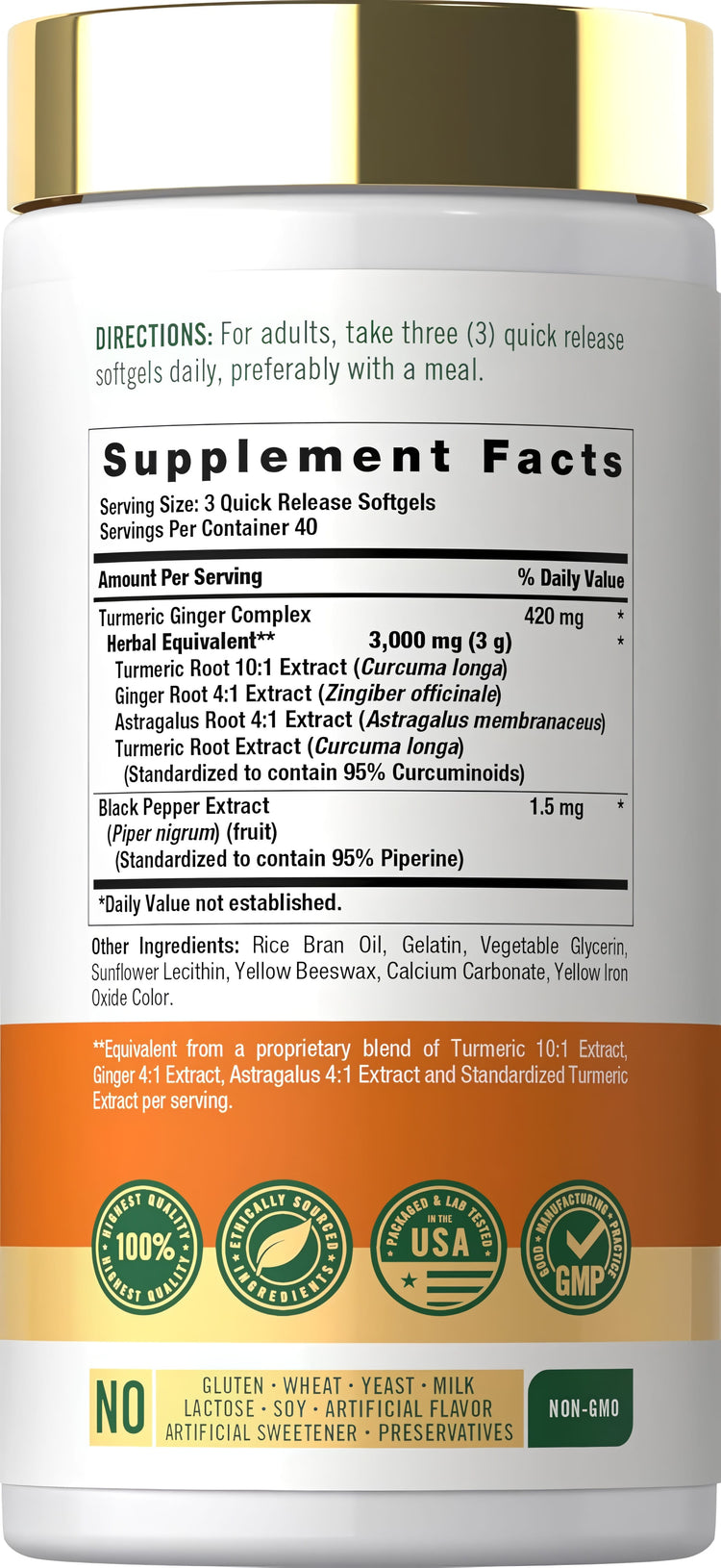 Supplement Facts panel for Turmeric 3000 mg Complex with Ginger, 120 Softgels, displayed on the bottle.