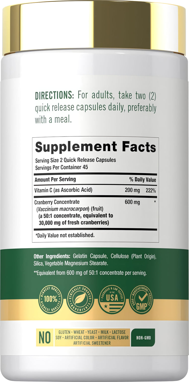 Supplement Facts panel for CL Carlyle Cranberry with 30,000mg total per serving, 90 capsules.