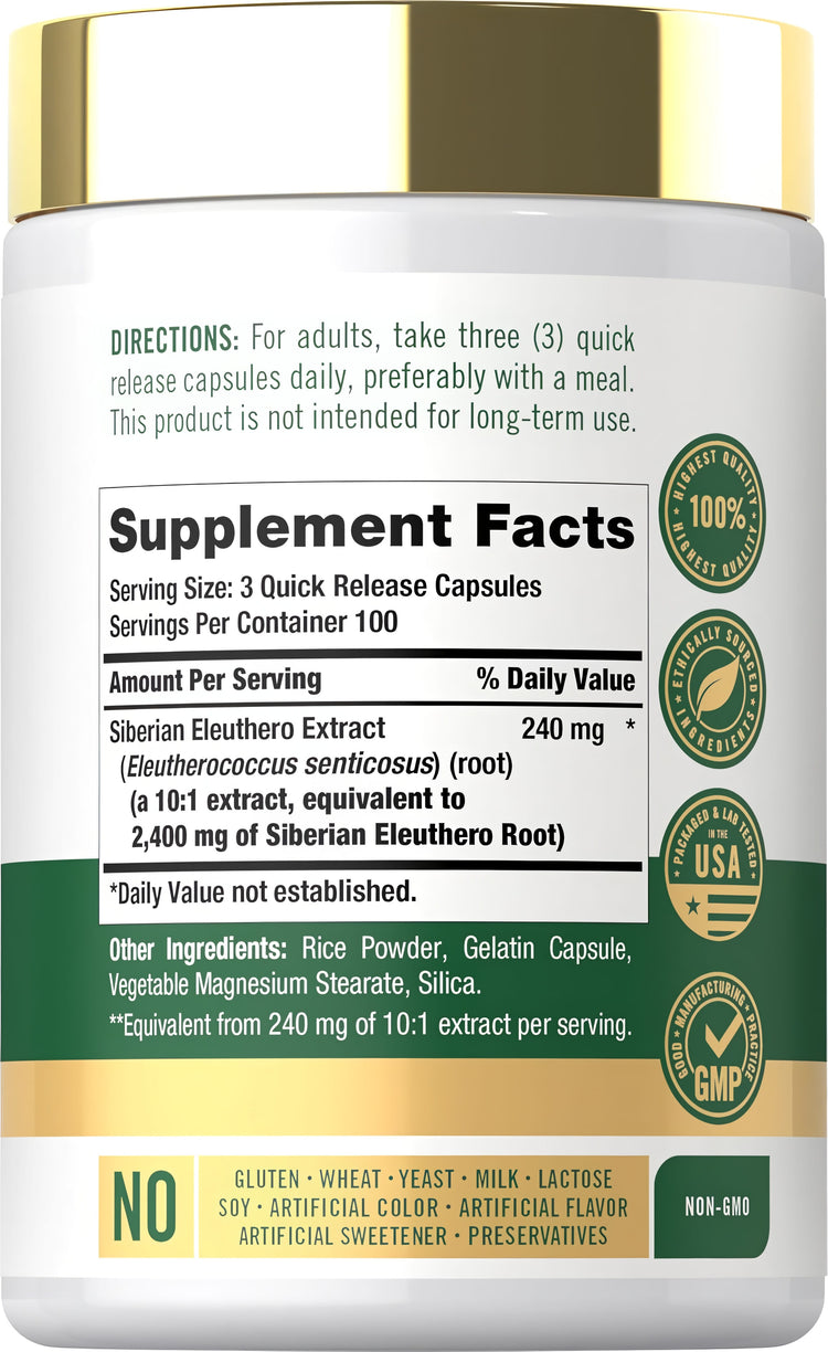 Supplement Facts panel for Carlyle Siberian Eleuthero 2400 mg, 300 Capsules is displayed.