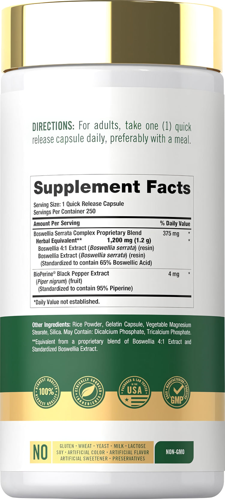 Supplement Facts panel for Carlyle Boswellia 1200mg, 250 capsules.