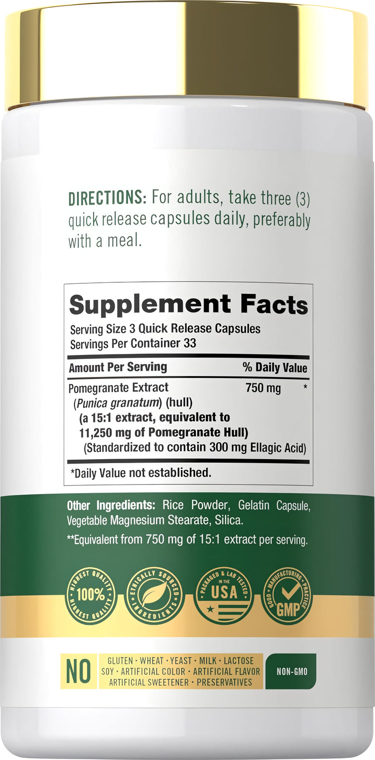 Supplement Facts panel for Carlyle Pomegranate Extract supplement, 11,250mg, 100 capsules.