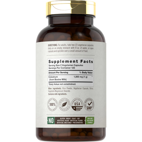 View 2 Supplement Facts panel for Carlyle Colostrum with 30% IGG, 1000 mg, in a 250-capsule bottle.