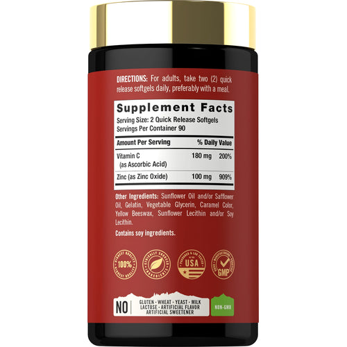 View 2 Supplement Facts panel for Tahoe Nutritionals Vitamin C + Zinc, 180 softgels.