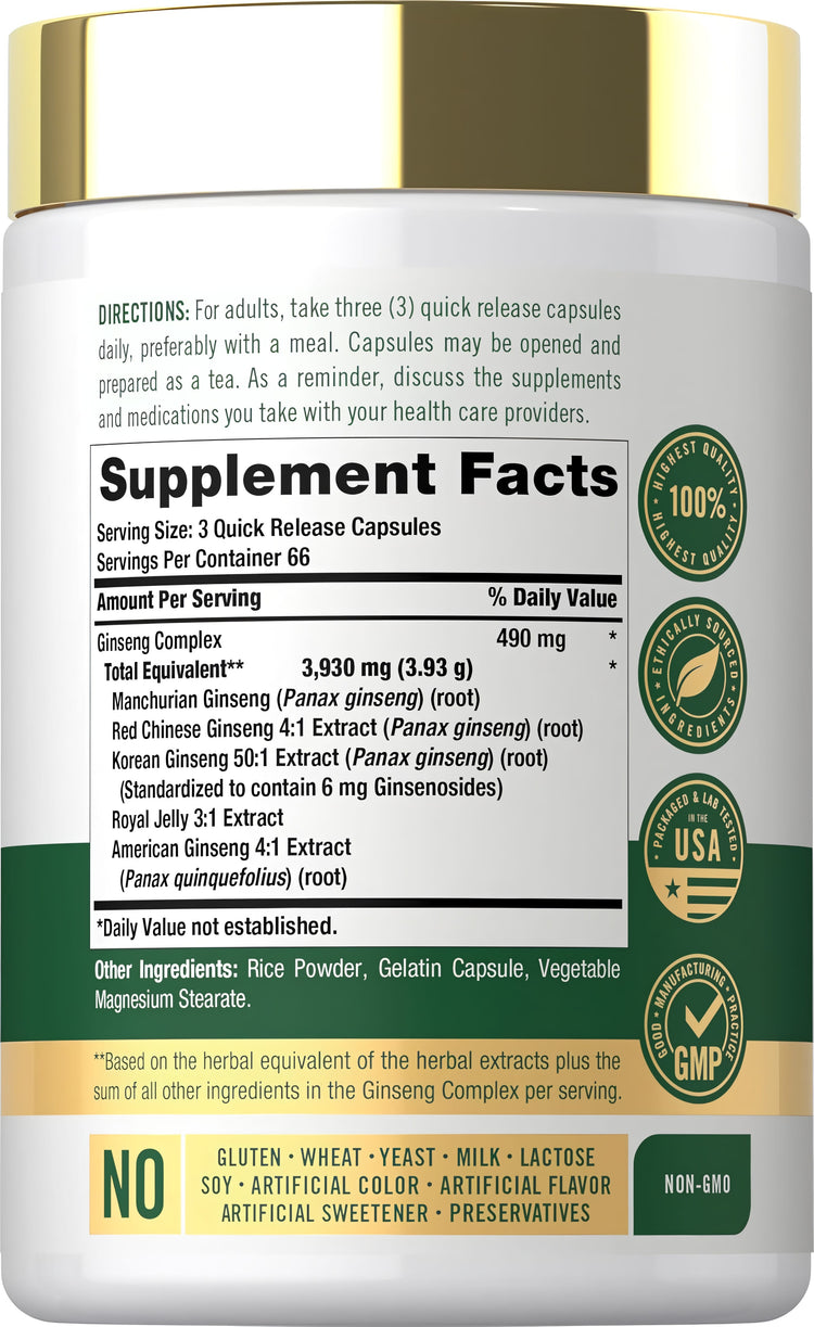 Supplement Facts for Carlyle Ginseng Complex 3930 mg, 200 Capsules.
