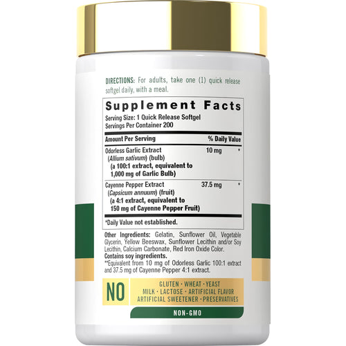 View 2 Supplement Facts panel for Odorless Garlic & Cayenne 1150 mg, 200 Softgels.