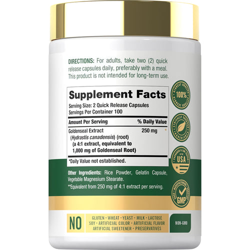 View 2 Supplement Facts for Carlyle Goldenseal Root 1000 mg, 200 Capsules, detailed on panel.