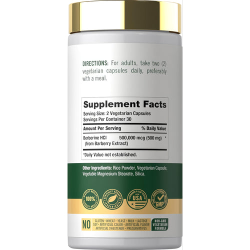 View 2 Carlyle Berberine 60 Capsules bottle featuring Supplement Facts, directions, and ingredient list on the label.