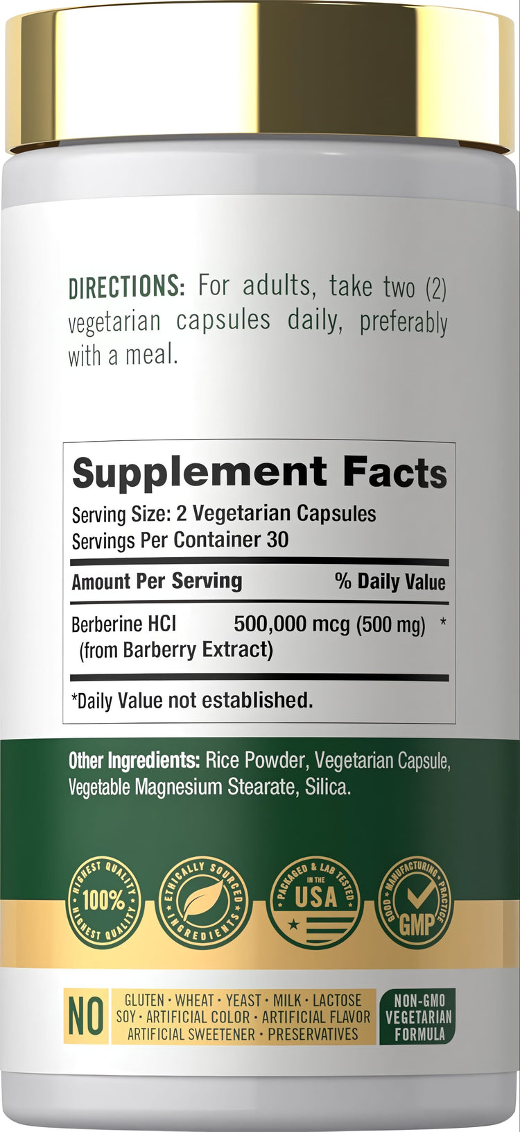 Carlyle Berberine 60 Capsules bottle featuring Supplement Facts, directions, and ingredient list on the label.
