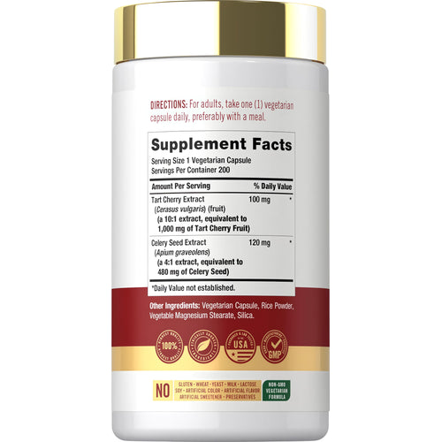 View 2 Carlyle Tart Cherry Plus Celery Seed, 200 vegetarian capsules in a clear bottle.