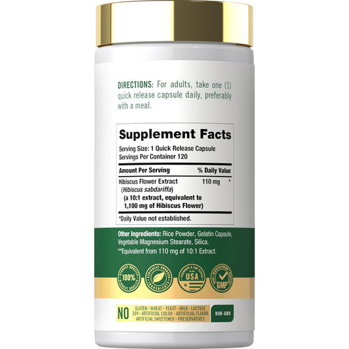 View 2 Hibiscus flower 1100 mg 120 Quick Release Capsules bottle displays Supplement Facts and dietary information.
