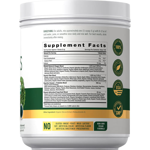View 2 Panel showing Supplement Facts for Organic Greens Powder.
